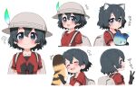  :3 ? animal_ears backpack bag black_hair blue_eyes blush cat_ears cat_girl cat_tail closed_eyes commentary_request extra_ears fang hat_feather heart helmet highres kaban_(kemono_friends) kemono_friends kemonomimi_mode lucky_beast_(kemono_friends) multiple_views no_headwear pith_helmet ransusan red_shirt shirt short_hair short_sleeves t-shirt tail translation_request v 