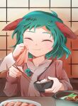  2girls :t bowl chopsticks closed_eyes closed_mouth collarbone eating facing_viewer food food_on_face green_hair highres holding holding_bowl holding_chopsticks holding_towel izha_(seisfleur) kasodani_kyouko long_sleeves multiple_girls nazrin plate short_hair solo_focus touhou towel 
