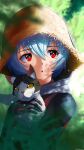  1girl absurdres animal animal_ear_fluff ayanami_rei black_bodysuit blue_hair blurry bodysuit botttomtext cat chestnut_mouth dappled_sunlight depth_of_field evangelion:_3.0+1.0_thrice_upon_a_time hair_between_eyes hat highres holding holding_animal holding_cat looking_to_the_side neon_genesis_evangelion plugsuit rebuild_of_evangelion red_eyes scarf short_hair slit_pupils straw_hat sunlight twitter_username upper_body whiskers 
