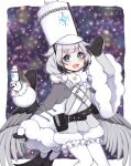  1girl alchemy_stars belt belt_pouch bird black_gloves black_hairband blue_eyes blurry blurry_background blush eyelashes feathered_wings frills fur-trimmed_sleeves fur_trim gloves grey_hair hairband hat highres id_card long_hair long_sleeves looking_at_viewer low_wings multicolored_hair nanumn open_mouth pantyhose pouch short_eyebrows signature teeth tongue tweety_(alchemy_stars) upper_teeth white_headwear white_pantyhose wide_sleeves wings winter_clothes winter_gloves 