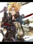  1boy armor black_gloves black_shirt blonde_hair blue_eyes cloud_strife dual_wielding earrings fighting_stance final_fantasy final_fantasy_vii final_fantasy_vii_advent_children first_ken fusion_swords gloves hair_between_eyes high_collar holding holding_sword holding_weapon jewelry letterboxed looking_at_viewer male_focus shirt short_sleeves shoulder_armor shoulder_strap single_earring solo spiky_hair sword tama_(tmfy5) twitter_username upper_body weapon white_background 