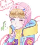  1girl apex_legends blue_eyes blue_gloves blue_jacket bodysuit character_name cookie_cocoa eyeshadow finger_to_mouth gloves heart jacket kawaii_voltage_wattson makeup nessie_(respawn) official_alternate_costume one_eye_closed pink_headwear portrait purple_eyeshadow ribbed_bodysuit shushing sketch smile solo star_(symbol) wattson_(apex_legends) white_background yellow_bodysuit 