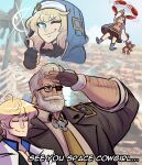  ;) absurdres arm_hair beard blonde_hair blue_hoodie bridget_(guilty_gear) cowboy_bebop crying crying_with_eyes_open dark-skinned_male dark_skin english_commentary english_text epaulettes facial_hair fat fat_man flying glasses goldlewis_dickinson guilty_gear guilty_gear_strive habit highres hood hoodie ky_kiske military_jacket mustache necktie one_eye_closed one_eye_covered open_clothes open_hoodie parody roger_(guilty_gear) salute scruffyturtles smile streaming_tears stuffed_animal stuffed_toy tears teddy_bear thumbs_up yo-yo 