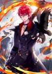  1boy absurdres bird blue_eyes choker coat collared_shirt cross cross_earrings crow earrings fire highres jewelry king_(tower_of_fantasy) long_sleeves looking_at_viewer male_focus official_art redhead shirt short_hair solo tower_of_fantasy vardan 