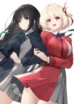  2girls absurdres an_yasuri bangs banned_artist black_hair blonde_hair blue_eyes breasts hair_ornament hair_ribbon highres holding_another&#039;s_arm inoue_takina large_breasts long_hair long_sleeves looking_at_viewer lycoris_recoil multiple_girls nishikigi_chisato open_mouth red_eyes red_ribbon ribbon simple_background smile white_background 