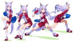  1girl animal_ears ball bangs baseball baseball_mitt breasts ear_bow floating_hair frown highres holding holding_ball horse_ears horse_girl horse_tail jacket leg_up long_hair long_sleeves mejiro_mcqueen_(umamusume) motion_blur multiple_views nishiki_kazue open_mouth pitching purple_hair red_jacket red_shorts sequential shoes shorts small_breasts sneakers socks standing standing_on_one_leg tail throwing track_jacket umamusume violet_eyes white_background white_socks 