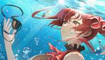 1girl absurdres bangs blush breasts commentary eyepatch hair_ribbon hat heterochromia highres hololive houshou_marine large_breasts long_hair looking_at_viewer moon_(yfsp7823) open_mouth pirate red_eyes redhead revision ribbon solo twintails underwater virtual_youtuber yellow_eyes 
