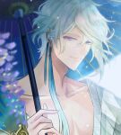  1boy aoi_(yumekuro) aqua_hair bishounen blue_eyes earrings flower girly_boy green_hair highres holding holding_umbrella hydrangea jewelry light_smile looking_at_viewer male_focus solo tassel tassel_earrings umbrella upper_body user_pwgs8874 yumekuro 