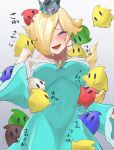  1girl blonde_hair blush closed_eyes crown earrings happy highres jewelry open_mouth rosalina smile super_mario_bros. umesyu_nomitai 