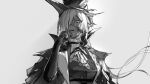  1girl a9712mob arknights ascot bangs blood blood_on_clothes blood_on_face elbow_gloves gladiia_(arknights) gloves grey_background greyscale hair_over_one_eye hat high_collar highres long_hair looking_at_viewer monochrome one_eye_covered open_mouth pointy_ears simple_background solo upper_body 