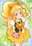 1girl blonde_hair blurry blurry_background blush bow brooch cowboy_shot cure_honey forehead hair_bow happinesscharge_precure! heart_brooch jewelry leaf looking_at_viewer magical_girl oomori_yuuko orange_bow pouch precure puffy_short_sleeves puffy_sleeves shihou_rebu short_sleeves skirt smile solo vest wide_ponytail yellow_eyes yellow_skirt