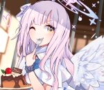  1girl absurdres angel angel_wings blue_archive cake dress eating food fork green_eyes hair_ornament halo heart highres hstk_mega indoors long_hair looking_at_viewer mika_(blue_archive) one_eye_closed pink_hair prison_cell sailor_collar sailor_dress solo white_dress wings 