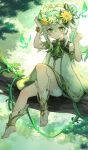  1girl absurdres asymmetrical_hair bangs bare_shoulders bloom bloomers blurry blurry_background blush bracelet branch bug cape closed_mouth commentary cross-shaped_pupils crystalfly_(genshin_impact) dress eyelashes flower full_body gem genshin_impact gold_trim gradient_hair green_cape green_eyes green_hair hair_between_eyes hair_ornament hands_up head_wreath highres in_tree jewelry kotatsu_kaya leaf long_hair looking_at_viewer multicolored_hair nahida_(genshin_impact) outdoors plant pointy_ears ponytail side_ponytail sidelocks sitting sitting_in_tree sleeveless sleeveless_dress smile socks solo stirrup_legwear toeless_legwear tree underwear vines white_bloomers white_dress white_flower white_hair white_socks yellow_flower 