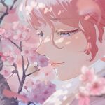  1girl blurry blurry_foreground cherry_blossoms close-up eyelashes flower hair_between_eyes half-closed_eyes highres original parted_lips petals pili_0 pink_eyes pink_flower pink_hair pink_lips pink_theme solo teeth 