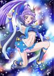 1girl black_headwear blue_footwear blue_skirt breasts cloak cure_magical cure_magical_(sapphire_style) hat high_ponytail izayoi_liko mahou_girls_precure! medium_breasts mini_hat mini_witch_hat miniskirt navel peke_(nariyuki_koubou) ponytail precure purple_hair sandals shoes skirt solo starry_background thighs veil violet_eyes witch_hat