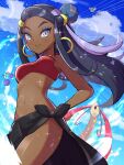  1girl azurill black_hair blue_hair breasts clouds dark-skinned_female dark_skin day earrings eyeshadow flying hand_on_hip highres hoop_earrings inana_umi jewelry looking_at_viewer makeup milotic multicolored_hair navel nessa_(pokemon) open_mouth pokemon pokemon:_twilight_wings pokemon_(creature) rookidee sarong smile tail two-tone_hair v-shaped_eyebrows water wings 