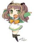  1girl ahoge arms_up brown_hair character_request chibi dated full_body green_eyes long_hair looking_at_viewer mota open_mouth simple_background skirt smile solo thigh-highs twintails white_background 