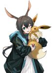  1girl :d absurdres amiya_(arknights) animal animal_ears arknights bangs blue_eyes blue_jacket commentary_request cowboy_shot crossover cuddling eevee hair_between_eyes highres holding holding_animal holding_poke_ball infection_monitor_(arknights) jacket jewelry long_hair long_sleeves multiple_rings one_eye_closed open_clothes open_jacket open_mouth poke_ball pokemon pokemon_(creature) rabbit_ears rabbit_girl ring signature simple_background smile sweater white_background white_sweater zh27 