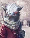  1boy animal_ears breath cold colored_sclera crazy_sll dog_boy dog_ears forehead_protector furry furry_male headband highres male_focus red_eyes red_shirt scar scar_on_face scarf shirt short_hair snowing solo tadatomo_(housamo) tokyo_afterschool_summoners white_hair yellow_sclera 
