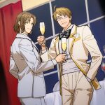  2boys ahoge america_(hetalia) axis_powers_hetalia black_bow black_bowtie blonde_hair blue_eyes bow bowtie breast_pocket breasts brown_hair cup drinking_glass glass glasses green_eyes grin hand_in_pocket holding holding_cup indoors lithuania_(hetalia) littleb623 looking_at_viewer male_focus medium_breasts multiple_boys night pocket red_curtains shirt smile suit_jacket table tuxedo white_shirt wine_glass 