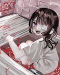  1girl :d absurdres ahoge bandaid bandaid_on_neck bare_legs bath bath_of_blood bathing black_nails blood blood_splatter blush brown_hair commentary_request ear_piercing eyelashes eyepatch feet_out_of_frame from_side gauze hanataro_(sruvhqkehy1zied) hand_up head_tilt highres indoors industrial_piercing knees_up long_hair looking_at_viewer mole mole_under_eye mole_under_mouth open_hand open_mouth original piercing shirt short_sleeves sitting smile solo t-shirt teeth tile_wall tiles tongue upper_teeth violet_eyes wall white_shirt 
