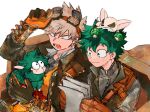  2boys animal animal_on_head animal_on_lap animalization bakugou_katsuki blonde_hair boku_no_hero_academia brown_gloves brown_jacket chihuahua closed_mouth commentary_request dog freckles gloves goggles goggles_on_head green_eyes green_hair highres holding holding_paper jacket kai2_ly male_focus midoriya_izuku multiple_boys official_alternate_costume on_head on_lap open_mouth paper red_eyes sheep short_hair signature simple_background sitting sketch smile spiky_hair steampunk vest white_background 