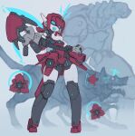  1girl absurdres batayu blue_eyes blue_sclera blue_tongue colored_sclera colored_tongue fang full_body highres holding holding_weapon looking_at_viewer mecha_musume open_mouth original robot smile solo weapon 