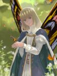  absurdres bug butterfly cape crown fate/grand_order fate_(series) fishy_721 flower happy highres holding long_hair looking_at_viewer nature oberon_(fate) smile solo wings 