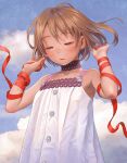  1girl arm_ribbon bangs bare_shoulders blue_sky brown_eyes brown_hair buttons choker clouds commentary_request day dress floating_hair half-closed_eyes hands_up looking_down murata_range original outdoors parted_lips purple_choker red_ribbon ribbon short_hair sky sleeveless sleeveless_dress solo spaghetti_strap standing upper_body white_dress wind 