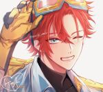  1boy bishounen blush eyewear_on_head grin highres kent_(yumekuro) looking_at_viewer male_focus redhead smile solo sweater user_xmej7725 white_background yumekuro 