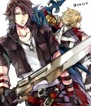  2boys arm_strap bandages bangs belt black_gloves black_jacket black_pants blonde_hair blue_eyes brown_hair buster_sword chain_necklace clawed_gauntlets cloak cloud_strife cowboy_shot cropped_jacket demon_wings final_fantasy final_fantasy_vii final_fantasy_viii gloves gunblade holding holding_weapon jacket jewelry kingdom_hearts looking_to_the_side loose_belt male_focus medium_hair multiple_belts multiple_boys necklace official_alternate_costume pants parted_bangs red_cloak scar scar_on_face shirt short_hair short_sleeves single_wing spiky_hair squall_leonhart tama_(tmfy5) twitter_username weapon weapon_on_back white_background white_shirt wings 