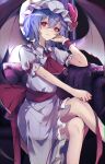  1girl ascot bat_wings blue_hair bow collared_dress dress frilled_sleeves frills hat hat_ribbon highres krs_(kqrqsi) mob_cap puffy_short_sleeves puffy_sleeves red_ascot red_bow red_eyes red_ribbon remilia_scarlet ribbon short_hair short_sleeves solo touhou waist_bow white_dress white_headwear wings wrist_cuffs 
