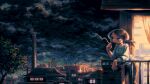  1girl balcony blue_eyes brown_hair building cigarette city clouds cloudy_sky curtains english_commentary long_hair long_sleeves night original otnweo outdoors pants parted_lips pixel_art pollution ponytail railing shirt sky smoke smoking solo tree 