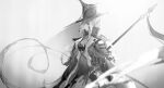  1girl a9712mob arknights ascot bangs cape earrings gladiia_(arknights) gloves greyscale hair_over_one_eye hat high_collar highres holding holding_polearm holding_weapon jewelry long_hair monochrome one_eye_covered pointy_ears polearm profile rain simple_background solo upper_body weapon wet white_background 