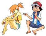  1boy 1girl ash_ketchum ballcap bare_midriff barefoot berry_(pokemon) blue_shorts blue_vest brown_eyes closed_mouth frown green_eyes green_scrunchie kasumi_(pokemon) looking_at_viewer midriff misty_(pokemon) open_mouth poke_ball pokemon pokemon_(anime) satoshi_(pokemon) scrunchie ship short_shorts sitting smile soles suspenders toes white_shirt yellow_tank_top 