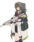  1girl 3_small_spiders absurdres alternate_costume assault_rifle bag bangs black_scarf blue_serafuku blue_skirt blush brown_eyes brown_hair closed_mouth clothes_around_waist commentary feet_out_of_frame girls_frontline gun harness headset highres holding holding_bag holding_gun holding_weapon jacket jacket_around_waist long_hair long_sleeves looking_at_viewer m4_carbine m4a1_(girls&#039;_frontline) multicolored_hair rifle scarf school_uniform serafuku skirt socks solo standing streaked_hair weapon white_background white_jacket 