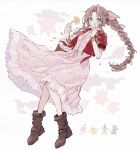  aerith_gainsborough bangle bangs boots bracelet breasts brown_footwear brown_hair chocobo choker cropped_jacket dress final_fantasy final_fantasy_vii final_fantasy_vii_remake flower flower_basket flower_choker frilled_dress frills full_body green_eyes hair_ribbon hand_to_own_face highres holding holding_flower jacket jewelry knees_together_feet_apart light_blush long_dress long_hair looking_at_viewer moogle nocoyaki parted_bangs pink_dress pink_ribbon red_jacket ribbon sabotender short_sleeves sidelocks small_breasts tonberry wavy_hair white_background white_flower yellow_flower 