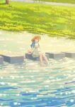  1girl 809218622 absurdres blue_shirt brown_hair closed_eyes closed_mouth commentary_request dress highres long_hair open_clothes open_shirt original outdoors shirt short_sleeves sitting smile soaking_feet solo water white_dress 