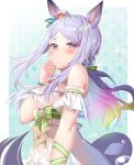  1girl :&lt; absurdres animal_ears arm_ribbon bangs bare_shoulders blue_flower blue_hair blush border bow breasts bubble casual_one-piece_swimsuit clenched_hand closed_mouth commentary_request detached_sleeves floating_hair flower flower_bracelet frilled_swimsuit frills gradient_hair green_background green_bow green_hair green_ribbon hair_bow hair_flower hair_ornament hand_up highres horse_ears horse_girl long_hair looking_at_viewer looking_to_the_side low-tied_long_hair mejiro_mcqueen_(umamusume) multicolored_hair official_alternate_costume one-piece_swimsuit outside_border parted_bangs pink_eyes pink_flower pink_hair polka_dot polka_dot_background purple_hair ribbon shiny shiny_hair sho_(runatic_moon) short_sleeves sidelocks small_breasts smile solo super_smashing_summer_vacation_(umamusume) swimsuit umamusume white_flower white_swimsuit 