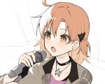  1girl :o bangs binsen black_choker blush brown_eyes brown_hair choker collarbone grey_jacket hair_between_eyes hair_ornament hands_up highres holding holding_microphone idolmaster idolmaster_million_live! jacket jewelry long_hair looking_away microphone microphone_stand necklace open_clothes open_jacket open_mouth pink_shirt shirt solo star_(symbol) star_necklace yabuki_kana 