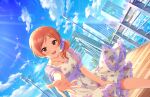  1girl blue_sky blush bridge building clouds dress dutch_angle earrings floral_print foreshortening idolmaster idolmaster_cinderella_girls idolmaster_cinderella_girls_starlight_stage jewelry komatsu_ibuki lens_flare light_rays looking_at_viewer official_art orange_hair outdoors print_dress puffy_short_sleeves puffy_sleeves railing reaching_out see-through see-through_sleeves short_sleeves side_ponytail sky smile solo two-tone_dress 