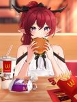  1girl bangs blue_eyes blush bracelet burger cup disposable_cup dress eating food french_fries hair_ribbon heterochromia holding holding_food hololive hololive_english horns irys_(hololive) jewelry long_hair looking_at_viewer multicolored_hair off-shoulder_dress off_shoulder pointy_ears purple_hair redhead ribbon sauce sitting solo streaked_hair table violet_eyes virtual_youtuber 