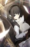  1girl absurdres black_hair blurry blurry_foreground blush book book_stack bookmark brown_hair chain chair feathers headphones highres holding holding_book indoors jitter_k library light_blush light_particles light_rays long_hair open_book open_mouth original sitting solo 