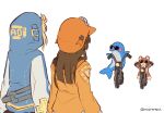  2girls bicycle blonde_hair bridget_(guilty_gear) brown_hair dolphin ground_vehicle guilty_gear guilty_gear_strive habit hat highres hood hoodie long_hair may_(guilty_gear) mil17459623 mr._dolphin_(guilty_gear) orange_headwear orange_hoodie orange_sailor_collar pirate_hat riding riding_bicycle roger_(guilty_gear) sailor_collar skull_and_crossbones stuffed_animal stuffed_toy sunglasses transgender 