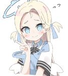  apron black_bow blonde_hair blue_apron blue_archive blue_eyes blush_stickers bow collared_shirt flying_sweatdrops forehead halo hand_up highres kapuru_0410 long_hair low_wings mini_wings shirt short_sleeves simple_background sora_(blue_archive) strap_slip striped striped_bow thick_eyebrows twintails two_side_up upper_body v white_background white_shirt white_wings wings 