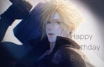  0_ebj 1boy aqua_eyes armor black_gloves black_shirt blonde_hair cloud_strife earrings final_fantasy final_fantasy_vii final_fantasy_vii_advent_children first_ken gloves gradient gradient_background hair_between_eyes happy_birthday high_collar highres holding holding_sword holding_weapon jewelry looking_at_viewer male_focus open_collar parted_lips shirt short_hair shoulder_armor single_earring sleeveless sleeveless_shirt solo spiky_hair sword upper_body weapon wolf 