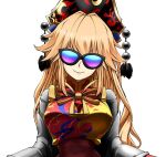  1girl bangs belt black_dress black_headwear blonde_hair bow bowtie breasts brown_belt chinese_clothes closed_mouth crescent dress glasses hair_between_eyes hat junko_(touhou) kikoka_(mizuumi) long_hair long_sleeves looking_at_viewer medium_breasts phoenix_crown pom_pom_(clothes) simple_background smile solo sunglasses tabard touhou upper_body white_background wide_sleeves yellow_bow yellow_bowtie 