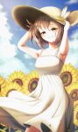  1girl absurdres bangs braid braided_bangs brown_eyes brown_hair clouds cloudy_sky dress feathers flower friend_(nanashi_mumei) grin hands_on_headwear hat highres hololive hololive_english kaiju_ryoku looking_at_viewer multicolored_hair nanashi_mumei short_hair sky smile streaked_hair sun_hat sundress sunflower virtual_youtuber wind wind_lift 