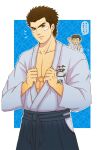  2boys abs absurdres bandage_on_face bandages blush brown_eyes brown_hair cheering chibi chibi_inset dougi fukuhara_masayuki hands_on_own_chest hazuki_ryou highres holding holding_clothes looking_at_viewer martial_arts monami_1999 multicolored_background multiple_boys muscular muscular_male patterned_background pectorals serious shenmue shenmue_the_animation short_hair signature smile speech_bubble spiky_hair 