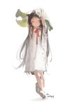  1girl absurdres animal_ears arms_up barefoot brown_eyes brown_hair dated dress frilled_dress frills grey_background heterochromia highres kurikabacha leaf leaf_on_head leg_up long_hair original parted_lips red_ribbon ribbon signature simple_background sketch solo tail white_dress yellow_eyes 